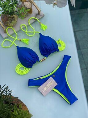 Blue & Neon Yellow Triangle Bikini Set